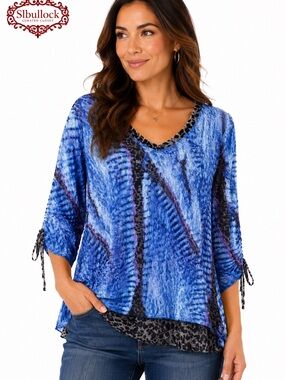 Carine Boutique Sedona Crinkle Blue V Neck Tunic Top Ruched Sleeve Boho Blouse L